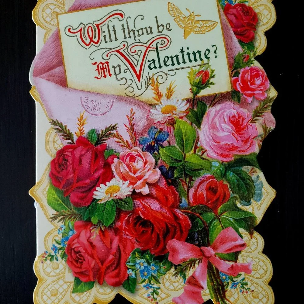 Victorian Girl in Basket, Framed Girl Boy, Cupid Valentine's Day Card Lot of 4